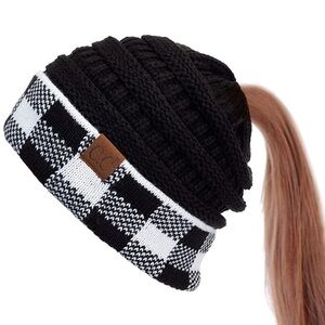 C.C. Unisex Beanie White Black Buffalo Check Cuff Hat Bun Ponytail Winter NEW